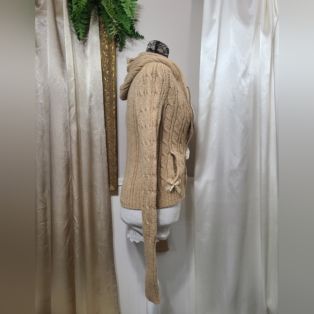 ♡ Y2K ♡ Hollister Tan Wool & Rabbit Hair Zip Down Hooded Babydoll Sweater 2000s - Picture 7 of 13